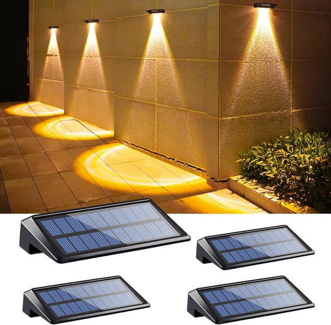 Zestaw 4 lamp ogrodowych LED zasilanych energią słoneczną, odpowiednich do użytku na zewnątrz, wodoodpornych (IP65), emitujących ciepłe, białe światł