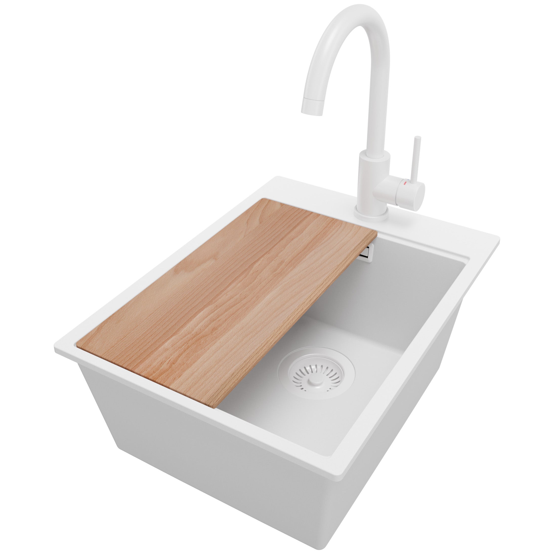 Zlewozmywak Granitowy Cały Biały 38x50cm, Zlew Kuchenny 1 Komorowy + Bateria 32x20cm + Syfon + Deska, Nablatowy do szafki od 40cm - Oslo PRIMAGRAN