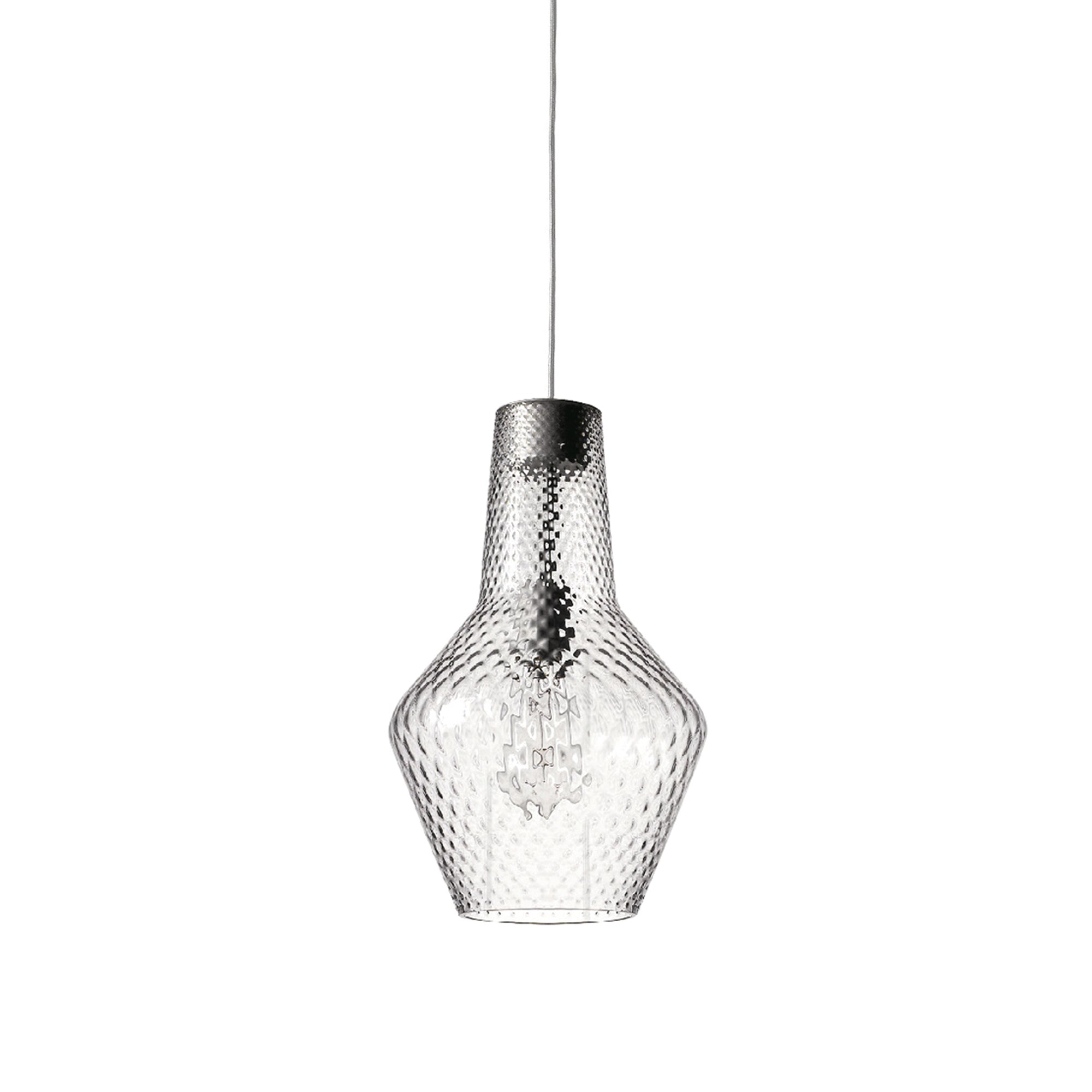 Zafferano Lampa wisząca, szkło dmuchane i metal, ø 250x3180 mm, 1X E27 o mocy 70 Watt, IP20, szara konstrukcja, przezroczyste szkło