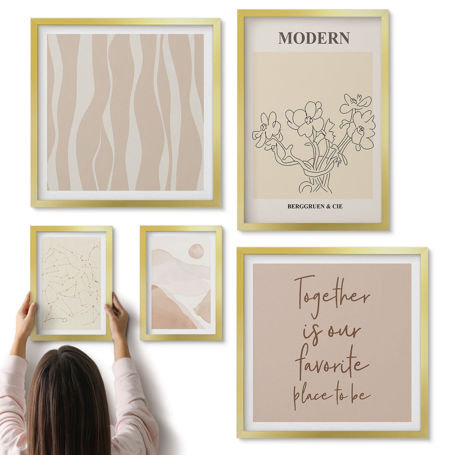 Galeria ścienna 5-częściowy komplet obrazów w złotych ramach - Styl nowoczesny minimalistyczny zestaw z abstrakcyjnymi motywami - ArtPrintCave