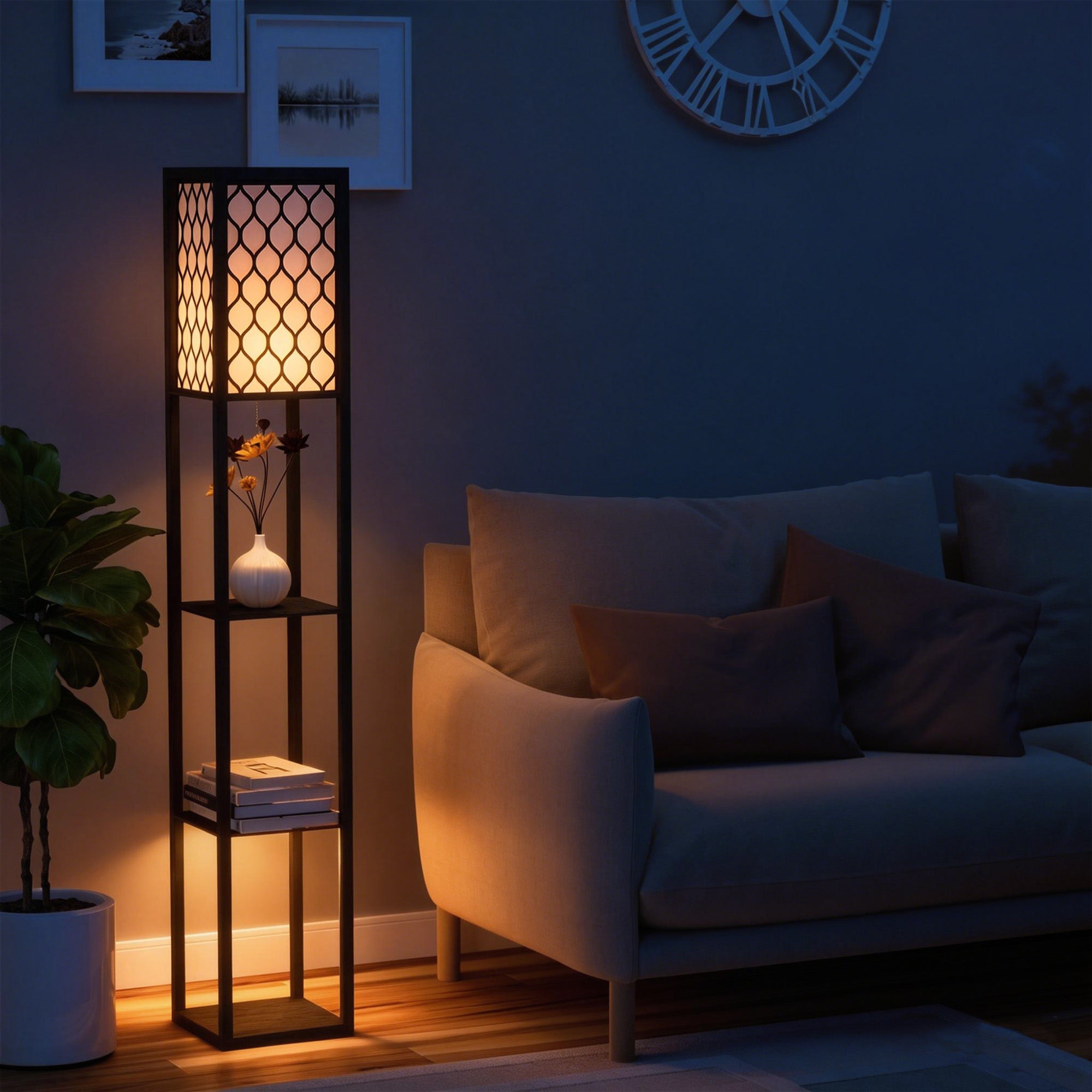 Lampa podłogowa 2 w 1 oszczędzająca miejsce z 3 półkami, nowoczesna lampa do salonu, pokoju dziennego i biura, oprawka E27, 26 x 26 x 160 cm