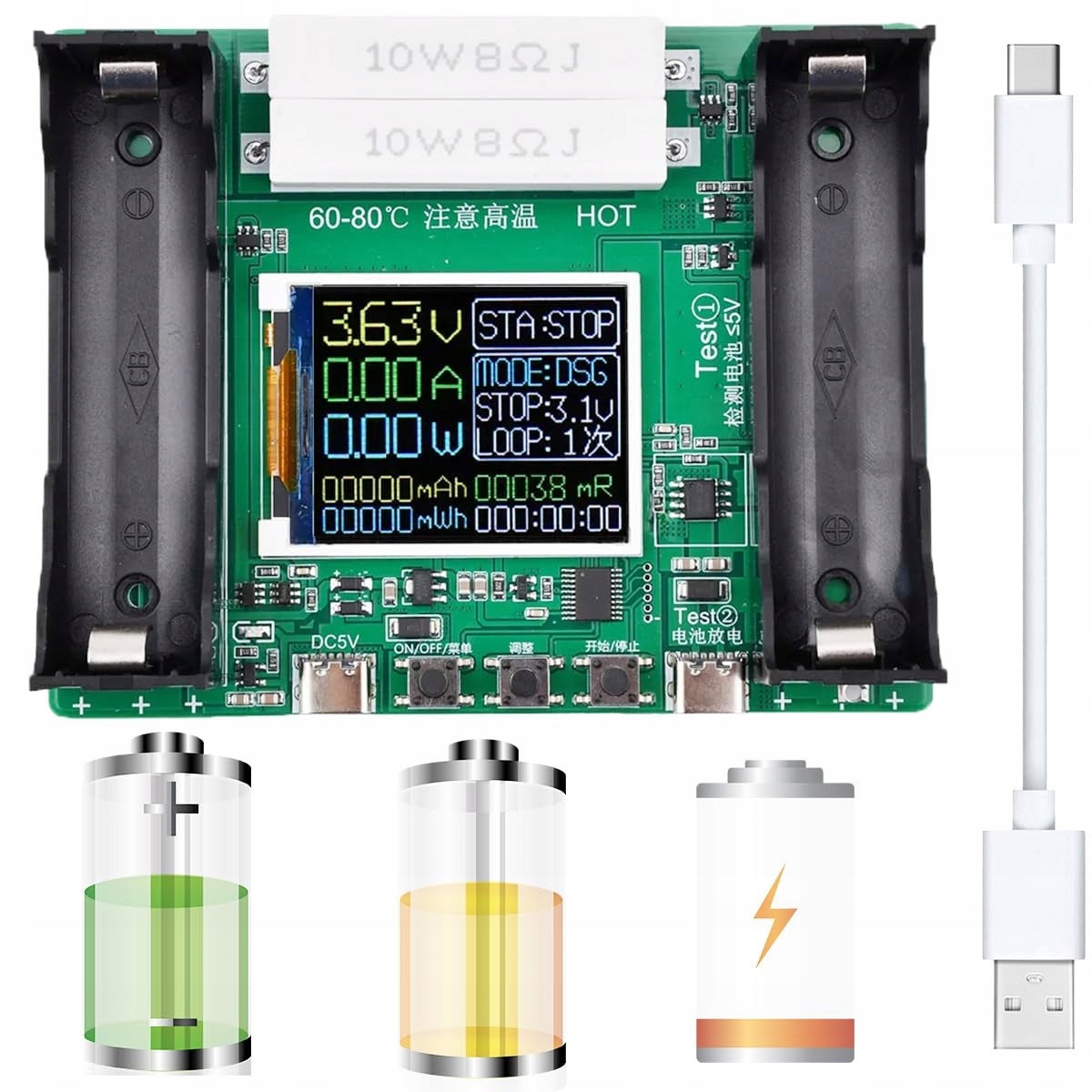 Tester LCD Pojemności i Rezystancji Akumulatorów 18650 – Pomiar Pojemności i Rezystancji | USB-C | Trzy Tryby Pracy