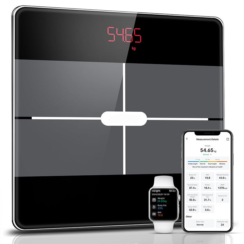 Czarna cyfrowa waga łazienkowa z aplikacją i 13 skalami masy ciała, 28 x 396 funtów/180 kg, waga łazienkowa z Bluetooth, do pomiaru BMI, tkanki t