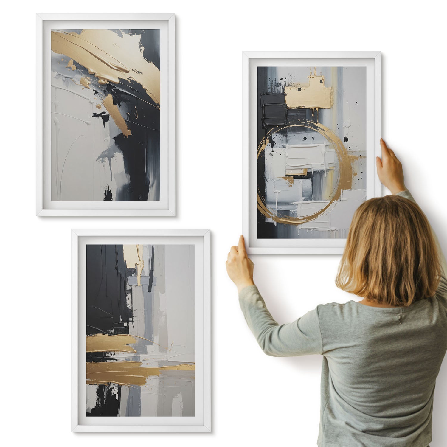 Galeria ścienna 3-częściowy komplet obrazów w białych ramach - Abstrakcyjne kompozycje malarskie w czerni i bieli - ArtPrintCave