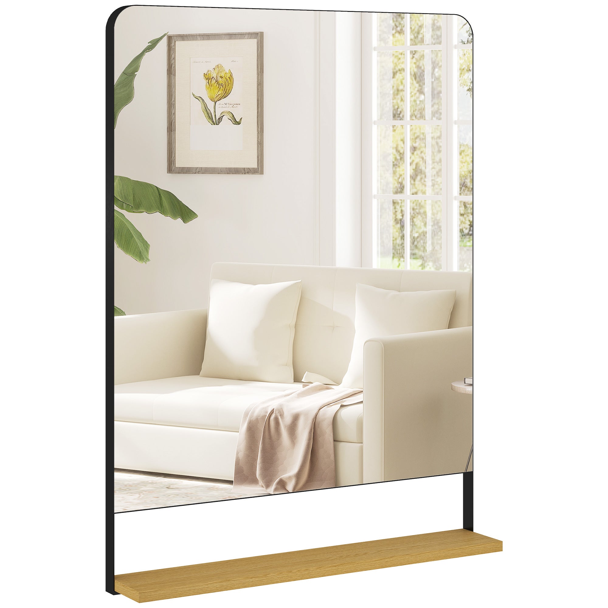 80 x 60 cm Lustro ścienne z Drewniany Półka, Nowoczesny Prostokątny Lustro z Czarny Metalowa rama