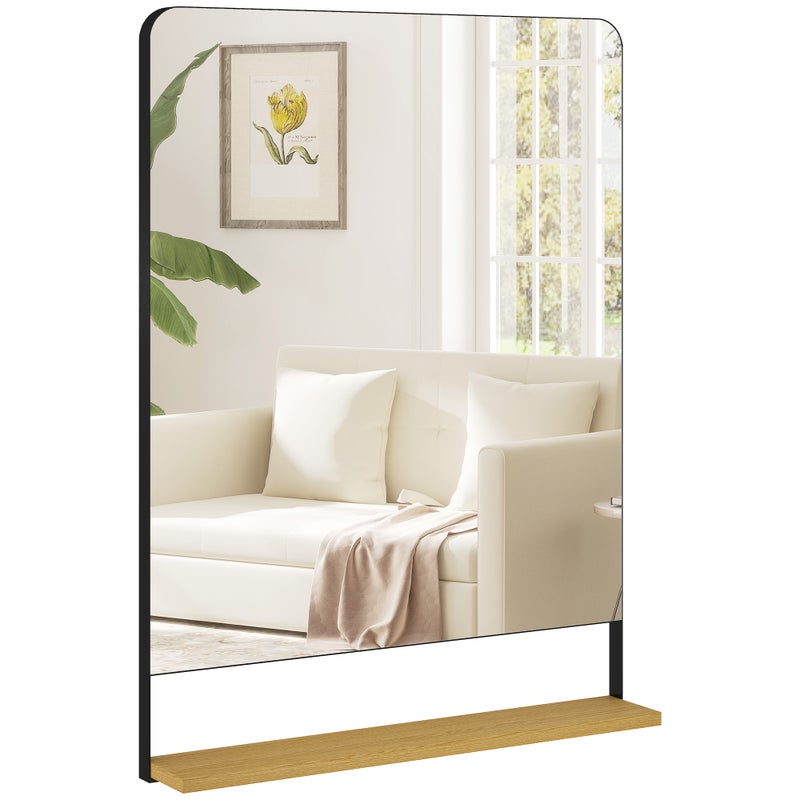 Lustro ścienne 80 x 60 cm z półką drewnianą, nowoczesne lustro prostokątne w metalowej ramie, czarne