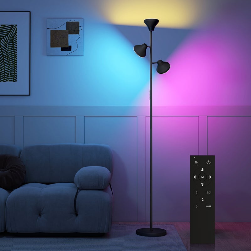 Ściemnialna lampa podłogowa z lampką do czytania, lampa podłogowa zmieniająca kolory RGB z pilotem, sterowanie dotykowe, 3 obrotowe głowice, czarna