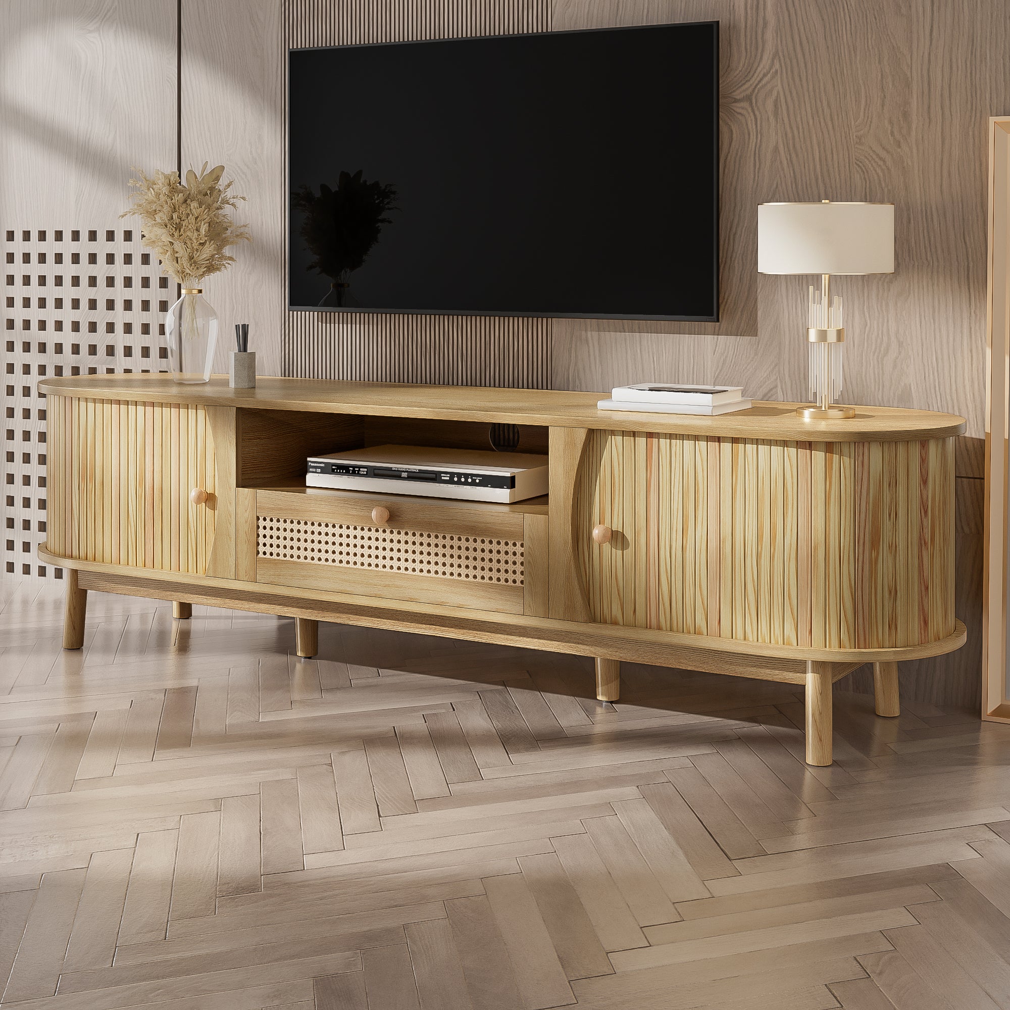 Meble TV z rattanu 165x37x46 cm - 2 drzwi i 1 szuflada z rattanu - Styl rustykalny - MDF - Kolor naturalny