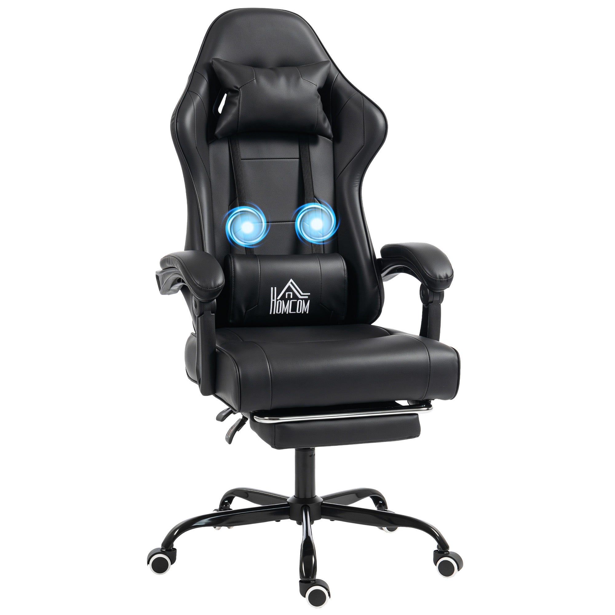 Ergonomiczny fotel gamingowy, fotel gamingowy z masującym podparciem lędźwiowym, odchylane oparcie, regulowana wysokość, czarny