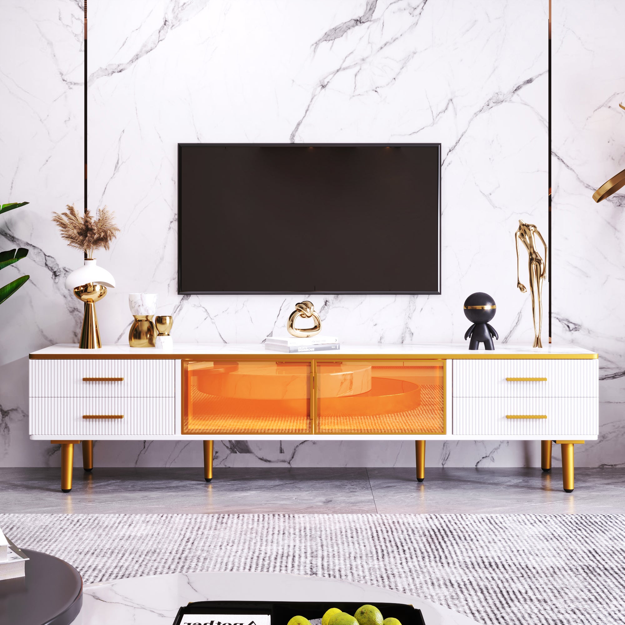 TV Schrank z Wzorem Marmuru, 4 Szuflady i 2 Drzwi z Hartowanego Szkła, 170x37x47,5cm