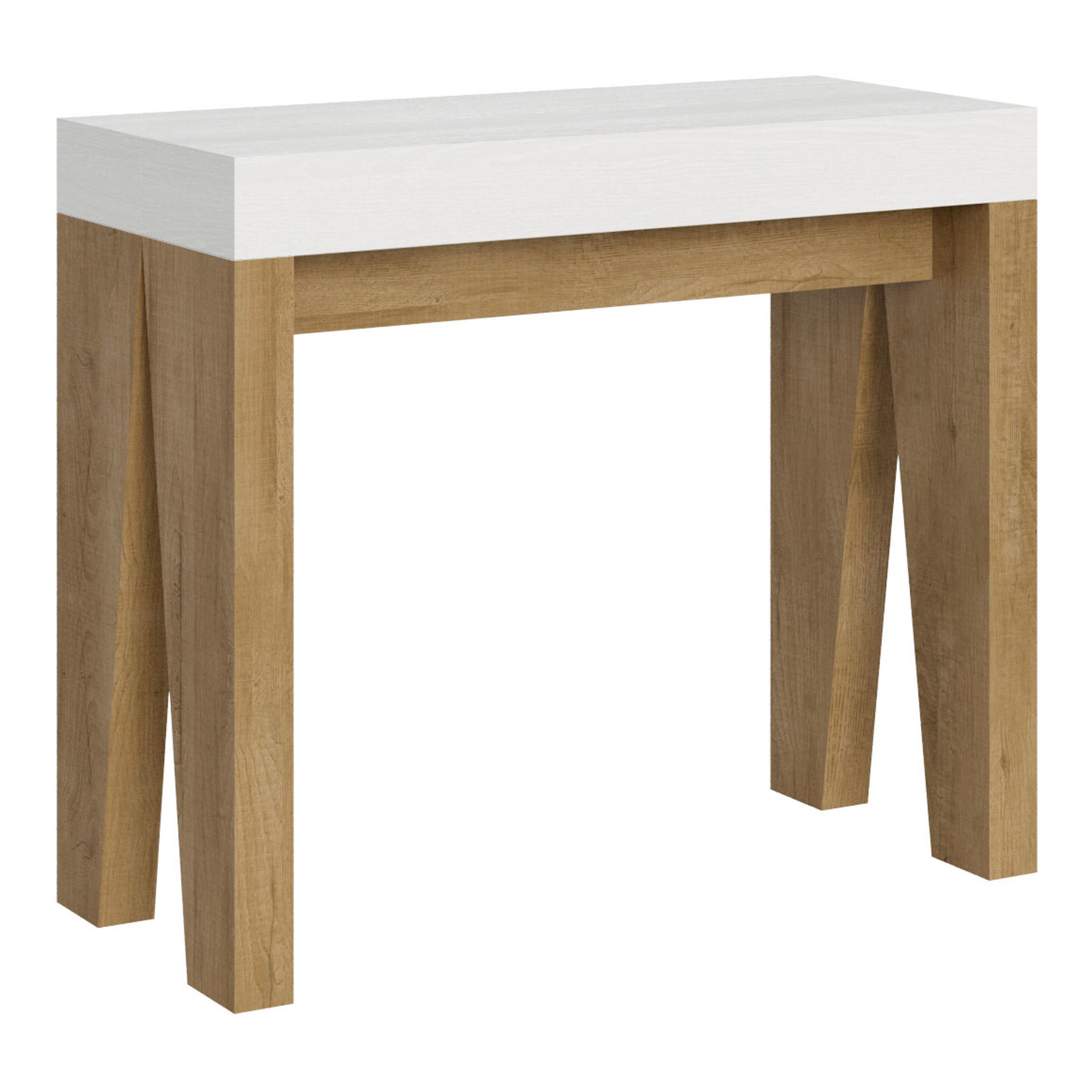 Mesa consola Naxy Mix con tablero de fresno blanco y estructura de roble natural, 3 m de altura.