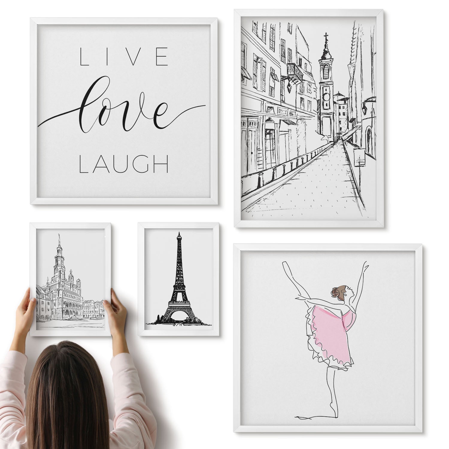 Galeria ścienna 5-częściowy komplet obrazów w białych ramach - Stylowe inspiracje z paryskimi akcentami i cytatami - ArtPrintCave