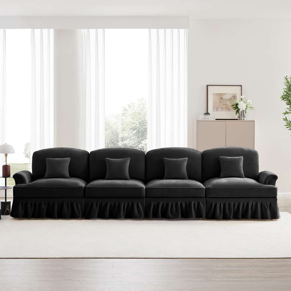 Sofa 4-osobowa w stylu Mid-Century z aksamitu, ze zwężanymi podłokietnikami, odpinanym fartuchem i nogami wrzecionowymi – wygodna do salonu