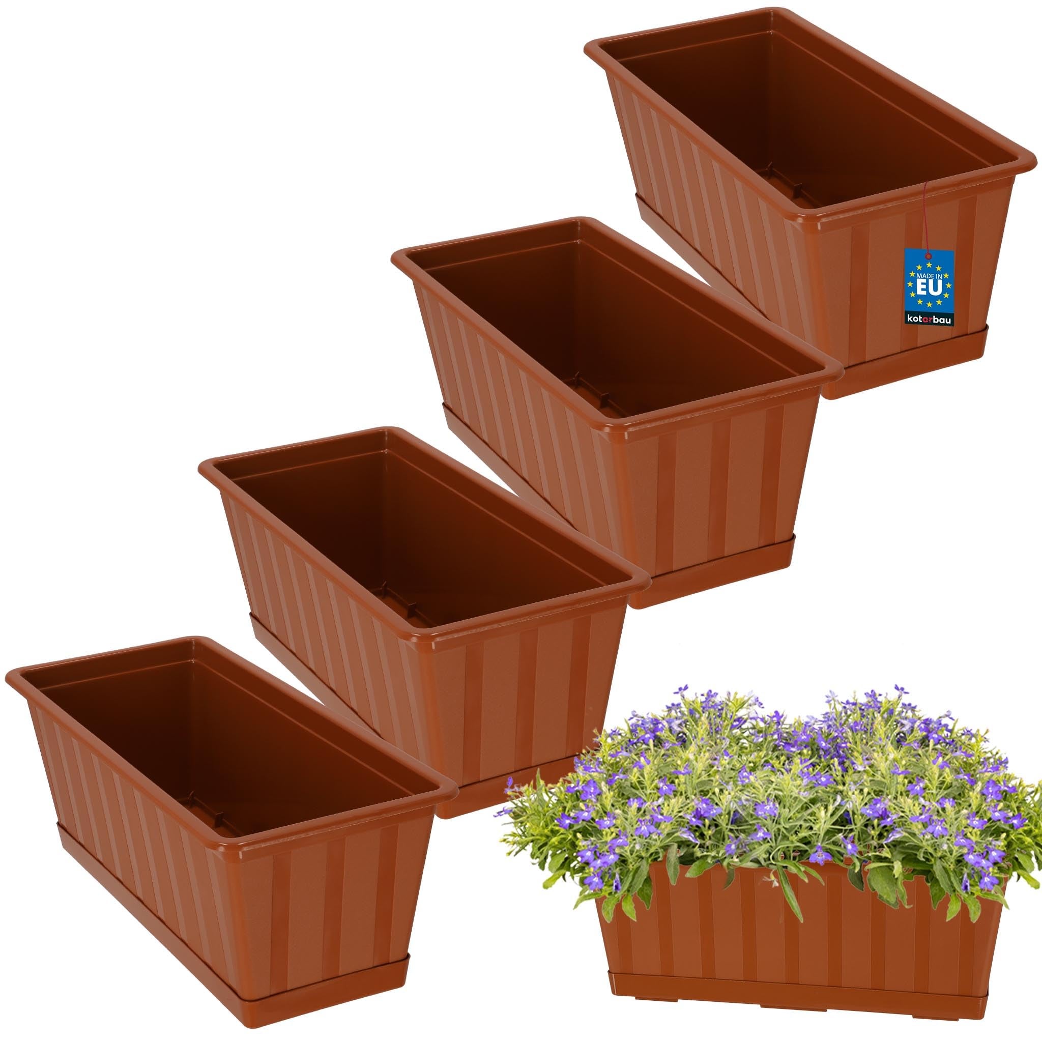 4 szt. Doniczka - Skrzynka Balkonowa - 40 x 18 x 14 cm - Skrzynia na Balustradę Balkon - Donica z Podstawką - Terakota KOTARBAU