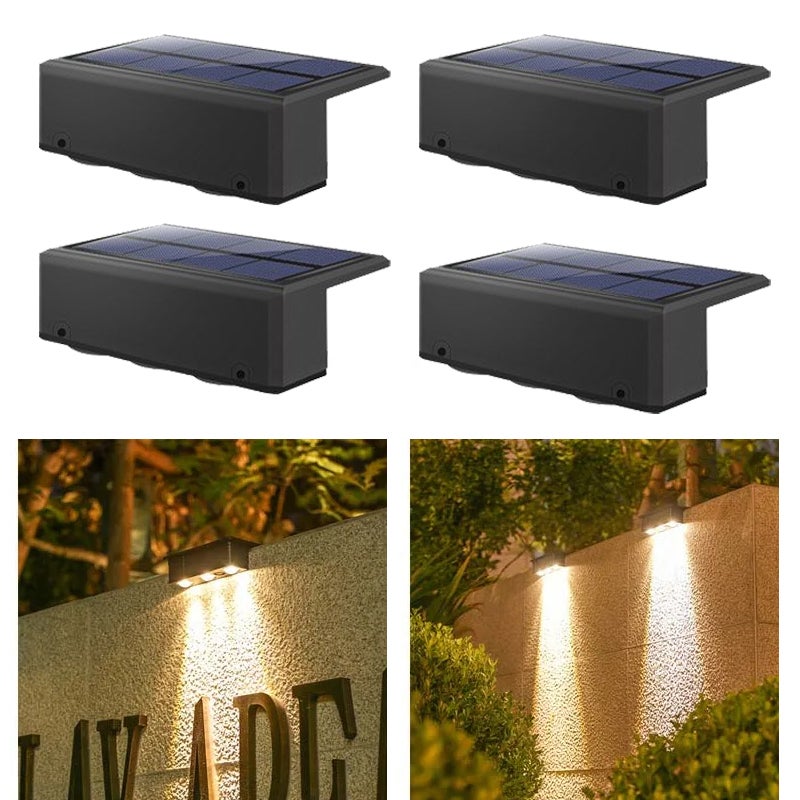 Zestaw 4 ultrajasnych lamp ściennych solarnych z 3 diodami LED, automatyczny włącznik/wyłącznik, wodoodporne lampy solarne do ogrodzeń, ciepła biel