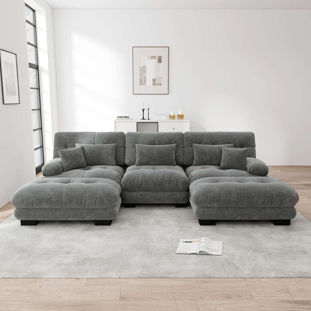 Modułowa sofa XXL w kształcie litery U z głębokim siedziskiem, rozkładana sofa narożna z mobilnym pufem w tkaninie szenilowej Cloud Comfort do salonu