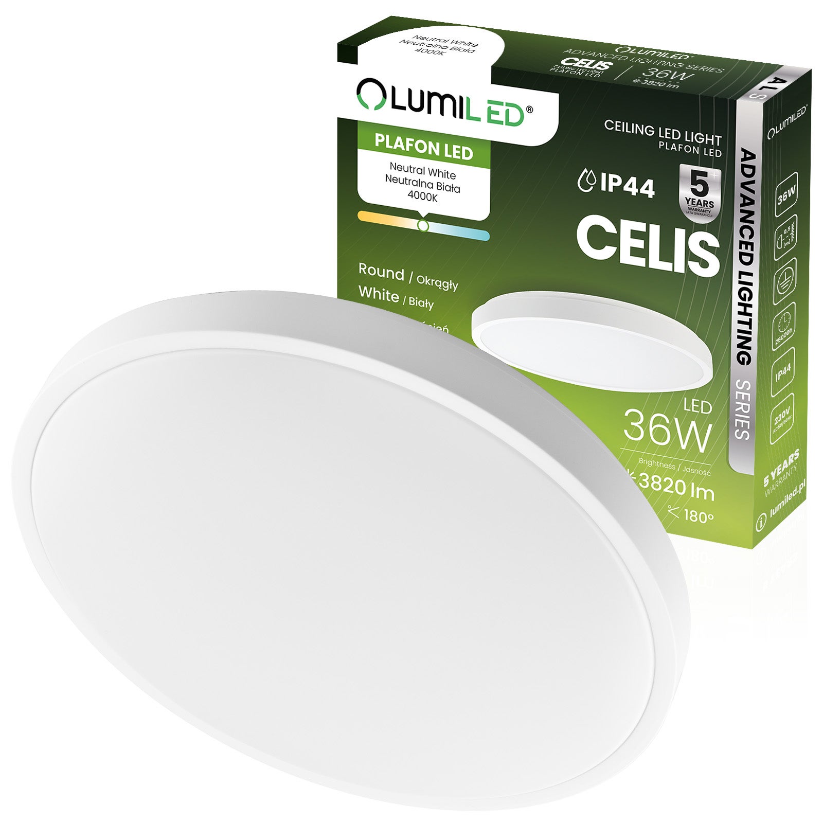 Plafon Lumiled Lampa Sufitowa Natynkowa 36W 4000K Neutralna biel Okrągły IP44 Biały 1 szt.