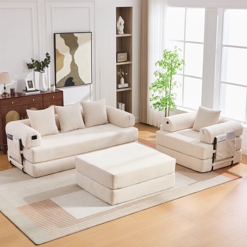 Sofa Modułowa 4-Osobowa Sztruksowa z Pufą - Metalowa Rama, Kieszeń Boczna, Bez Montażu do Salonu