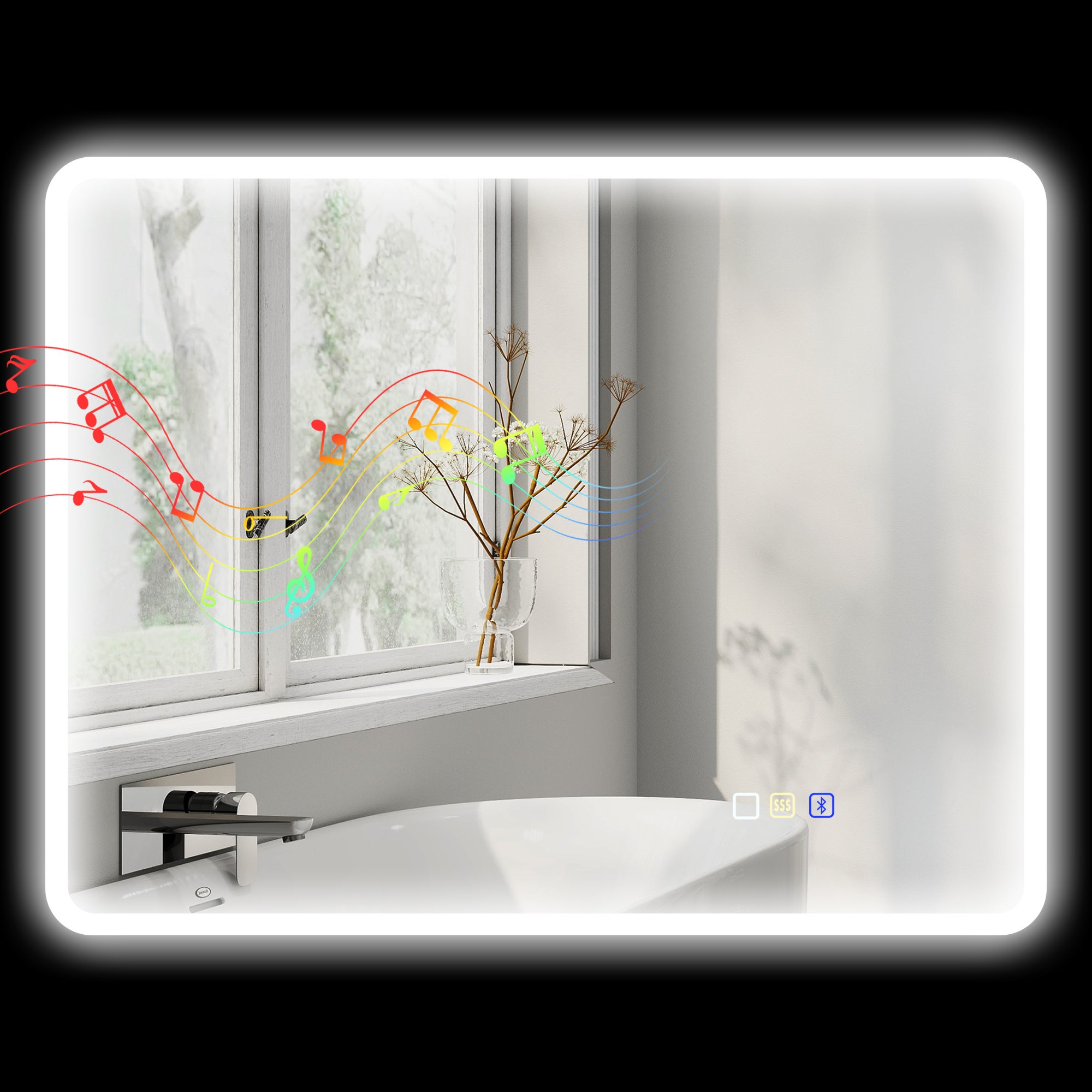Lustro łazienkowe LED z Bluetooth, regulowanym oświetleniem i funkcją pamięci, szkło hartowane, 90 x 70 x 3,5 cm