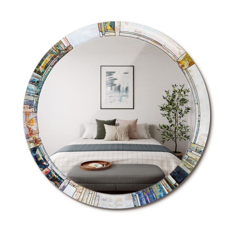 Lustro okrągłe do salonu z ozdobną ramą szklaną Witraż - 90 cm - ArtPrintCave