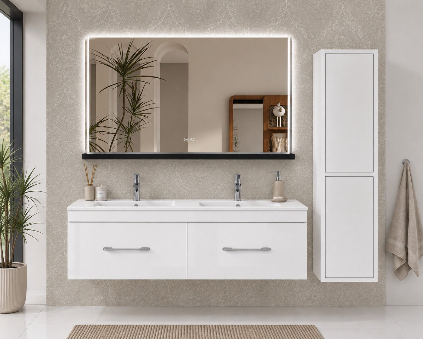 Szafka łazienkowa z umywalką ORIGENBATH FLORENCIA bez lustra 120x45 cm podwójna umywalka biały z kolumną
