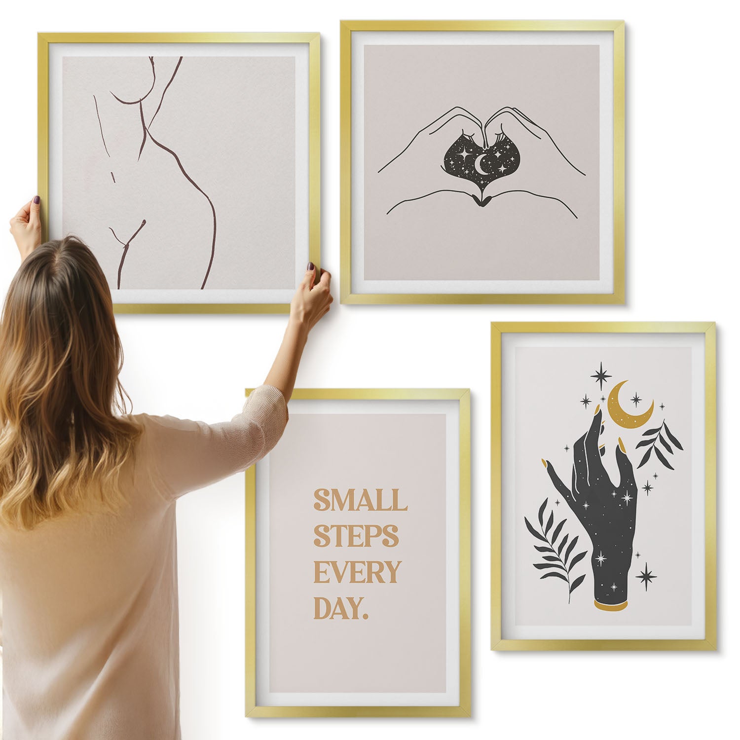 Galeria ścienna 4-częściowy komplet obrazów w złotych ramach - Minimalistyczne ilustracje inspirujący tekst boho - ArtPrintCave