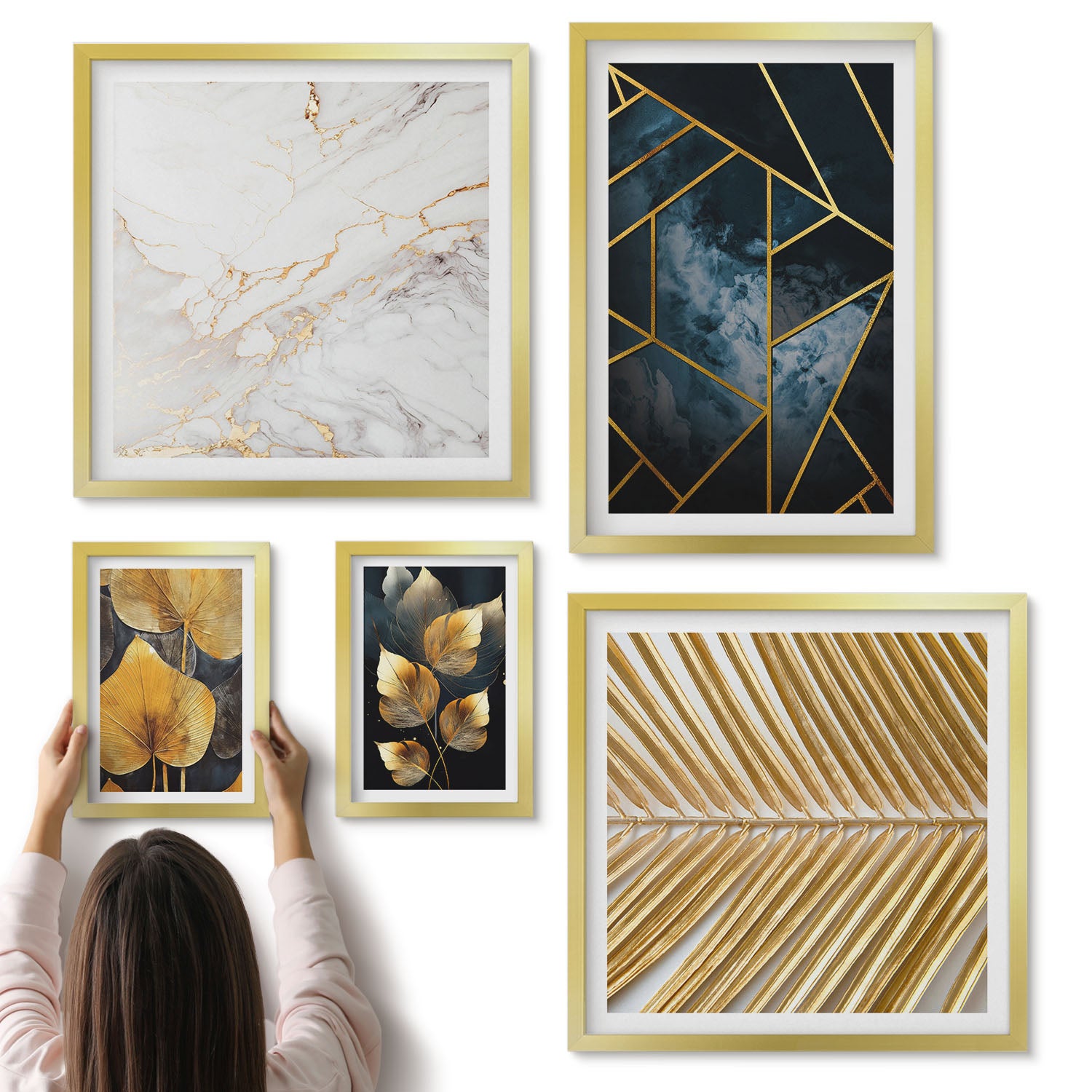 Galeria ścienna 5-częściowy komplet obrazów w złotych ramach - Stylowe dekoracje z motywem liści i geometrycznym wzorem - ArtPrintCave