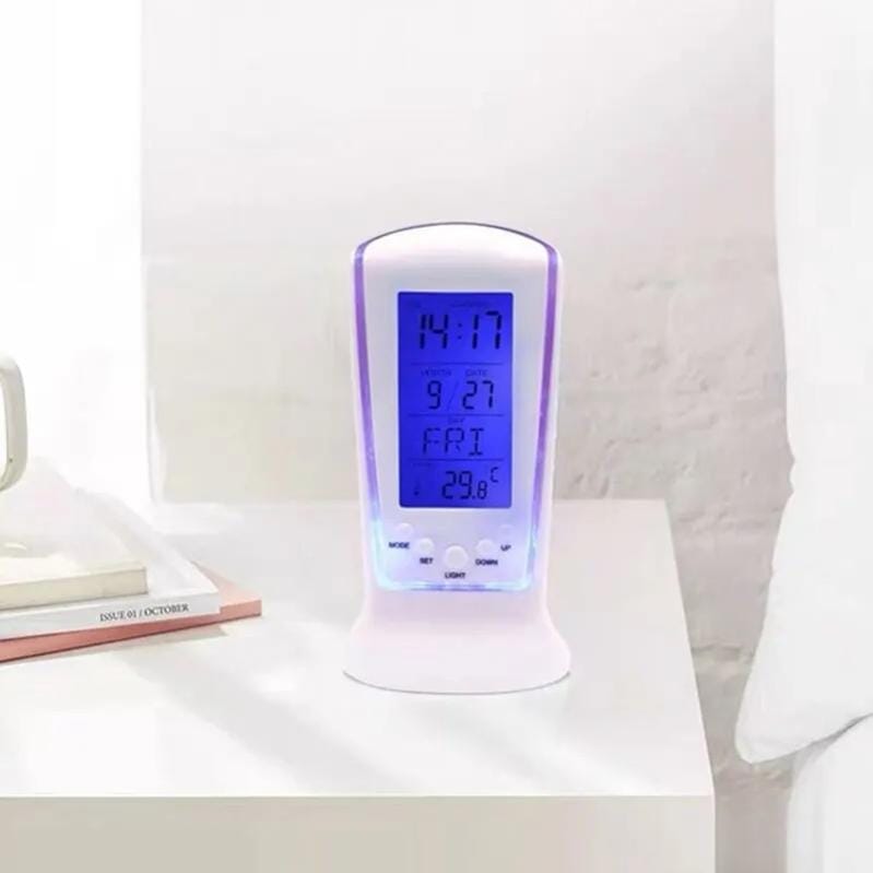 Mini budzik - światło LED i muzyka - cicha i leniwa elektronika - z temperaturą, minutnikiem kuchennym, timerem odliczającym - biały