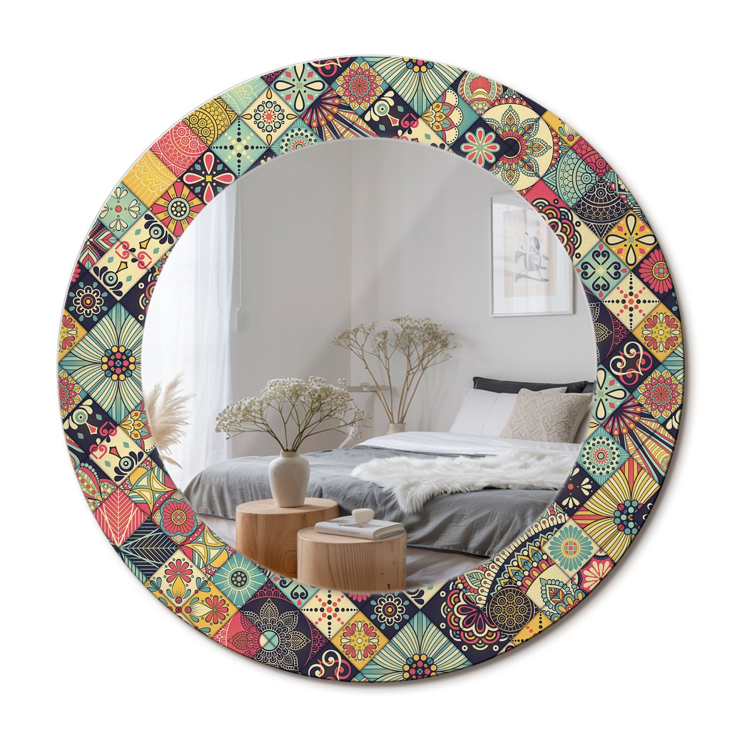 Okrągłe lustro dekoracyjne z hartowaną szklaną ramą i nowoczesnym nadrukiem Patchwork kafelki - 50 cm - ArtPrintCave