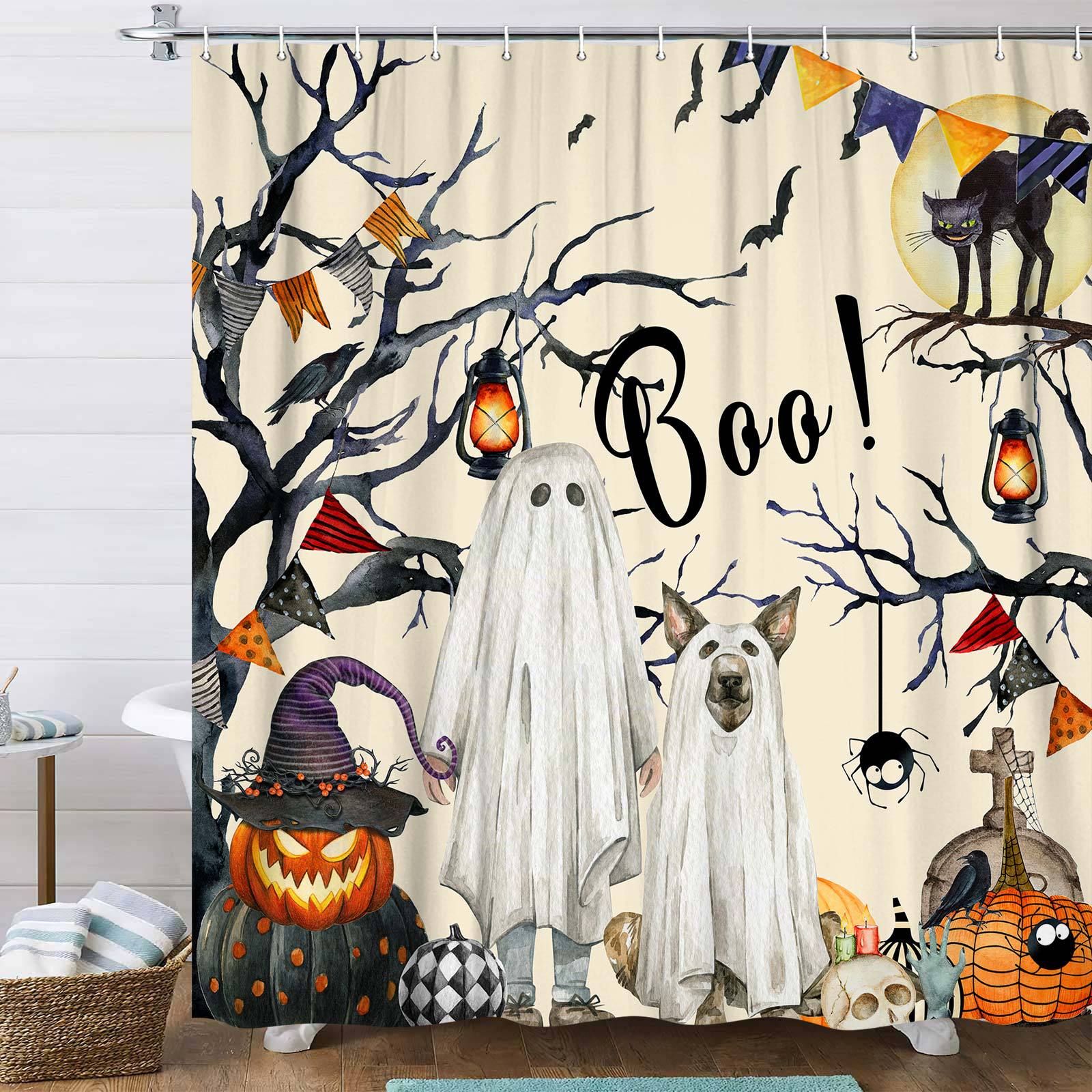 Zasłona prysznicowa Halloween, straszna zasłona do wanny, dekoracja łazienki z motywem halloween z haczykami 180x210cm