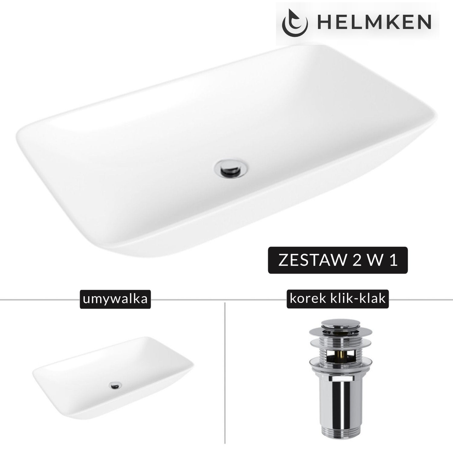 Umywalka nablatowa Helmken 88670000 (70x40) Biała + Korek klik-klak Chrom