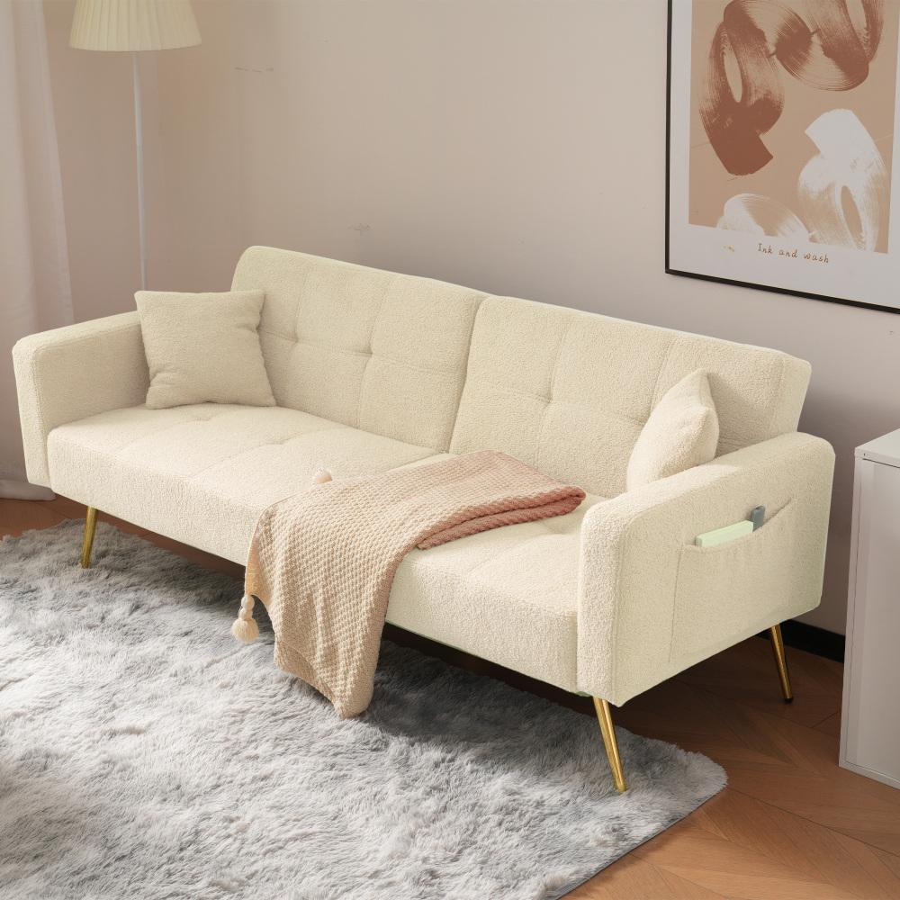 Sofa z funkcją spania, regulowanym kątem, złotymi nogami, poduszkami i bocznymi kieszeniami do przechowywania