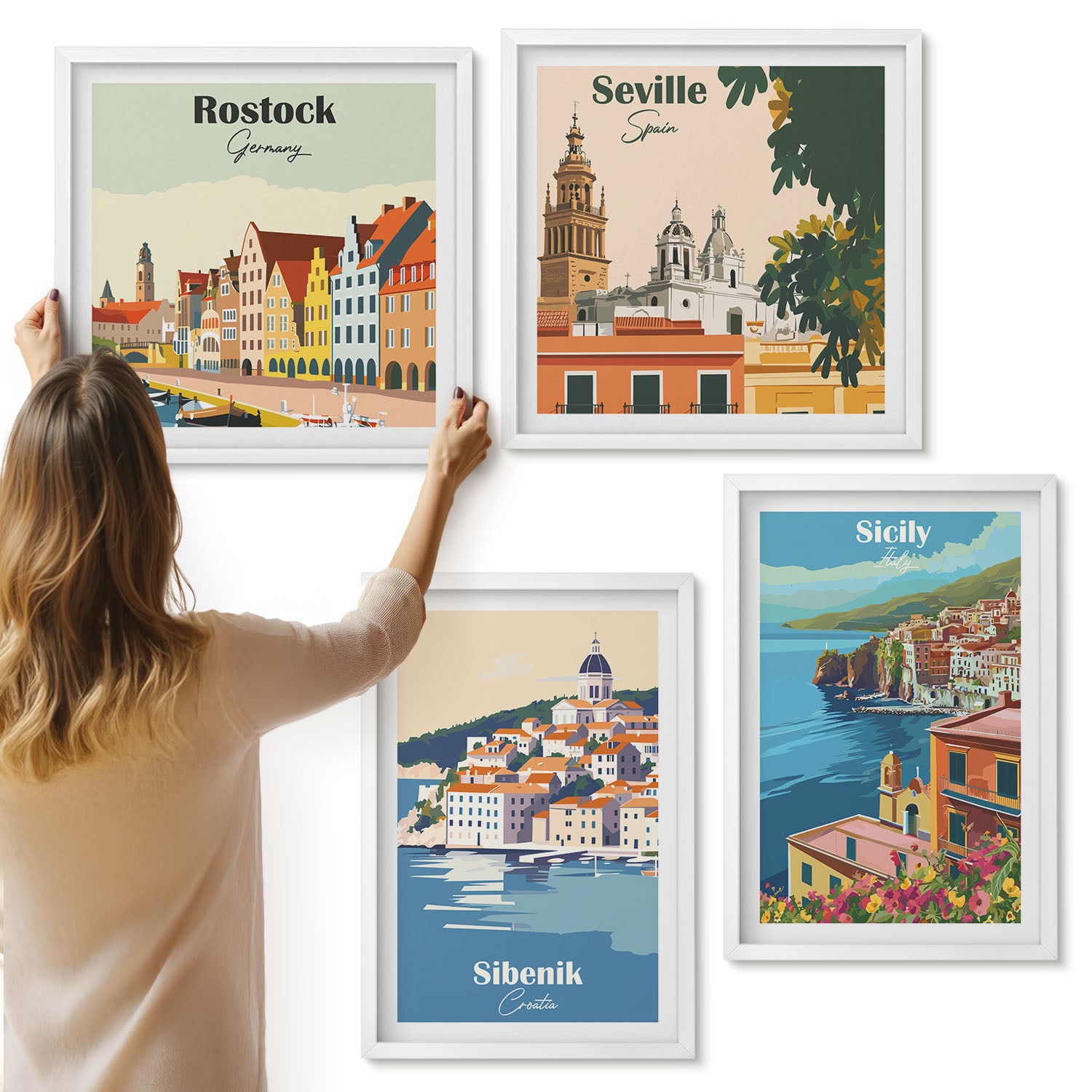 Galeria ścienna 4-częściowy komplet obrazów w białych ramach - Krajobrazy miast europejskich z kolorowymi budynkami - ArtPrintCave