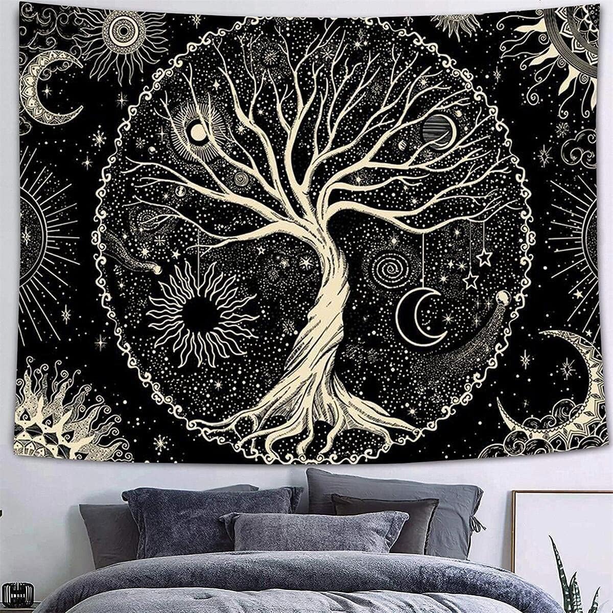 (150x130cm) Gobelin Drzewo Życia Gobelin Drzewo Życia Czarno-Biały Gobelin Księżyc Słońce Dekoracja Ścienna Mata Psychodeliczny Gobelin Gotycki