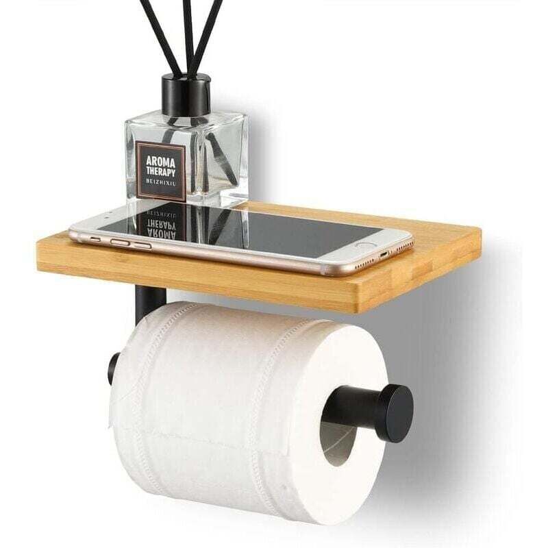 Czarny matowy uchwyt na papier toaletowy z półką, bambus, SUS304.