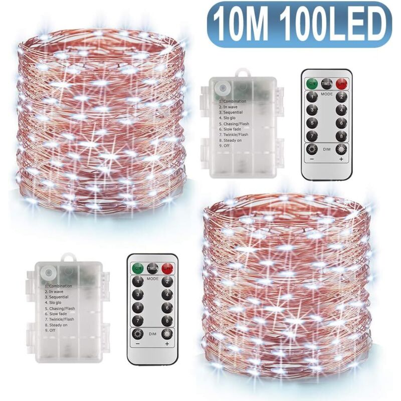 2 girlandy 10 m 100 LED zimna biel IP65 wodoodporne, bateria, czasomierz i pilot, dekoracja świąteczna, ślub, dom i ogród