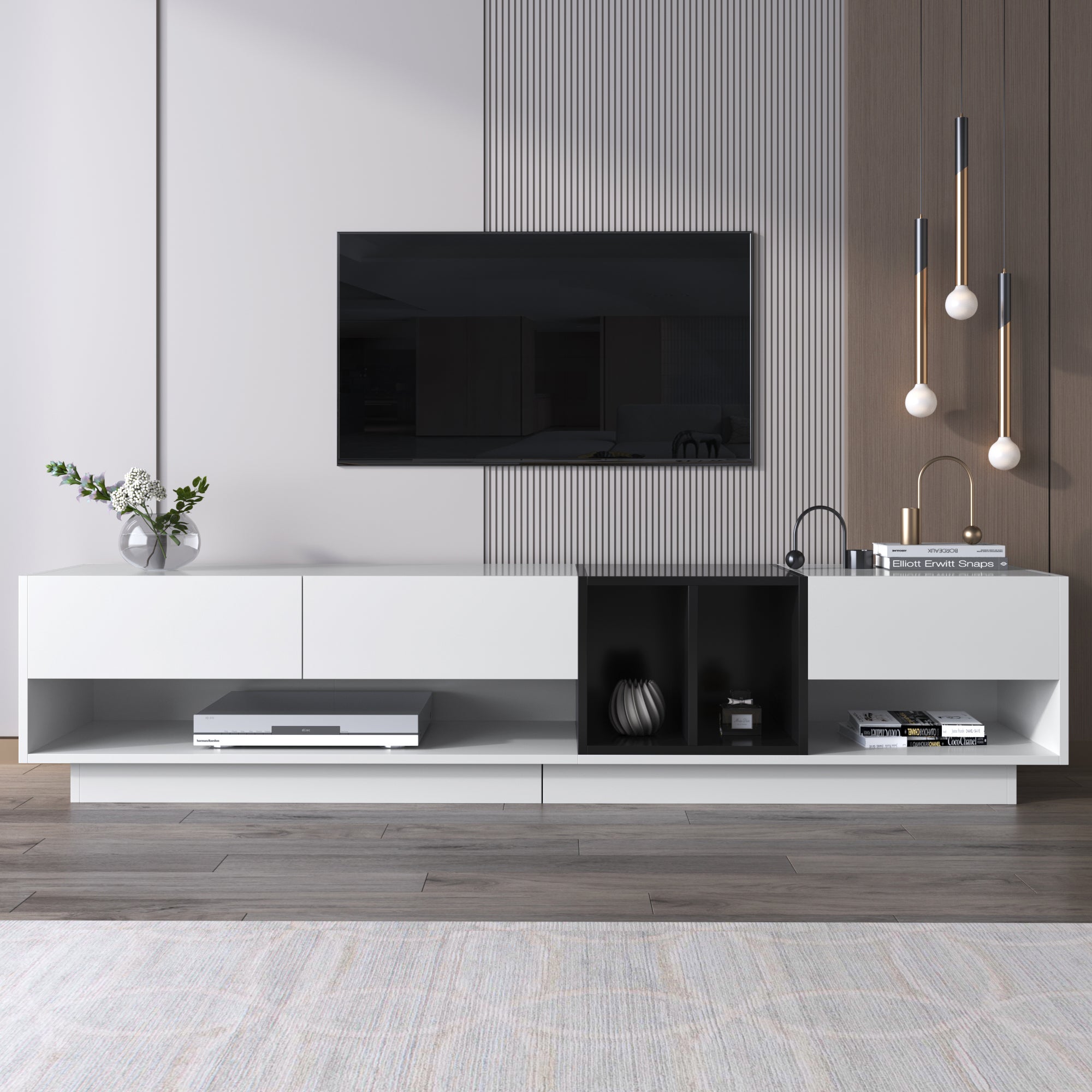 TV-Schrank Lowboard Białoszary 190x40x42cm z Schubladami i Fałdami