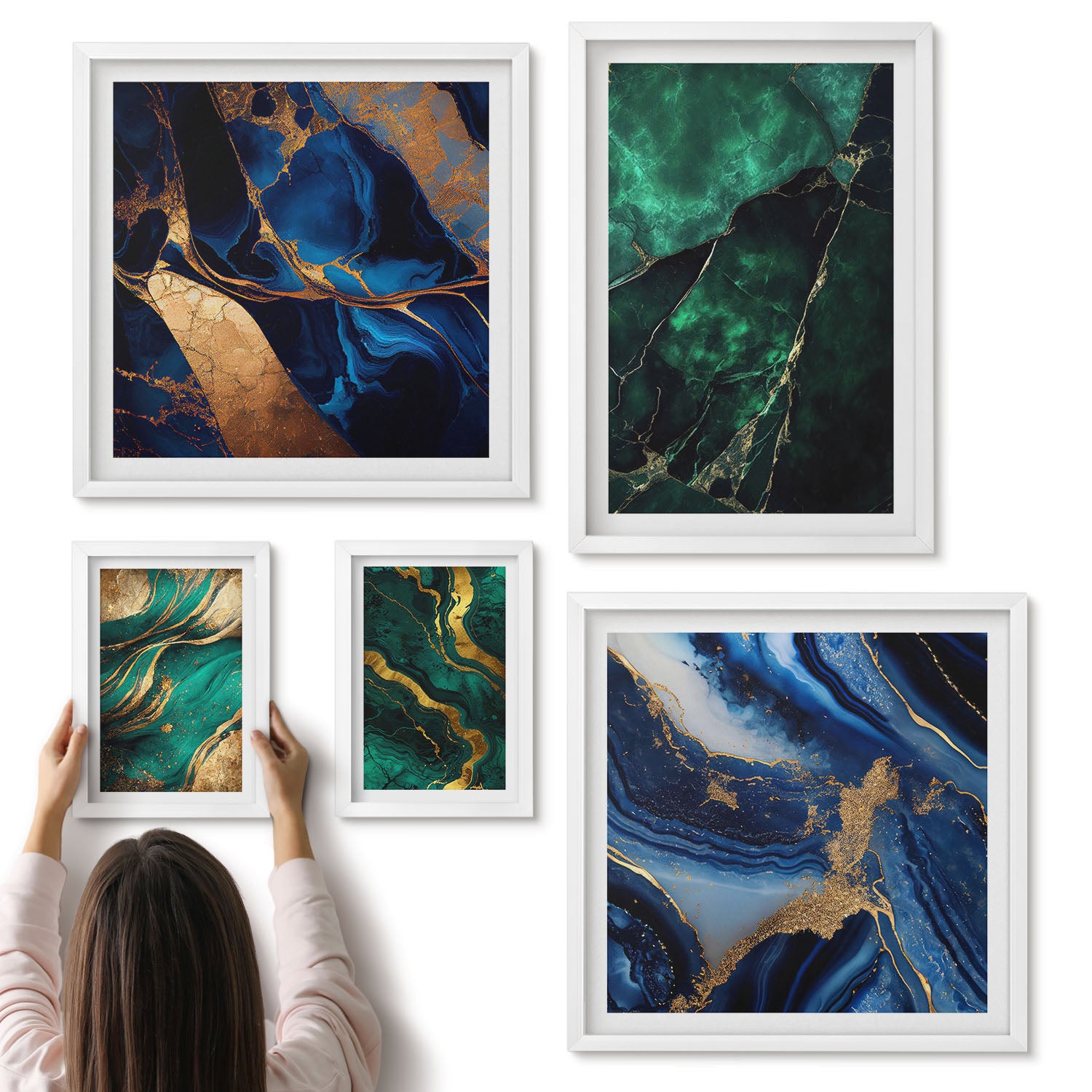 Galeria ścienna 5-częściowy komplet obrazów w białych ramach - Eleganckie abstrakcje w odcieniach zieleni i błękitu - ArtPrintCave