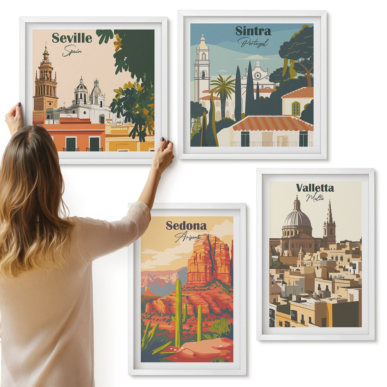 Galeria ścienna 4-częściowy komplet obrazów w białych ramach - Widoki miast Sedona Sintra Seville Valletta w stylu retro - ArtPrintCave
