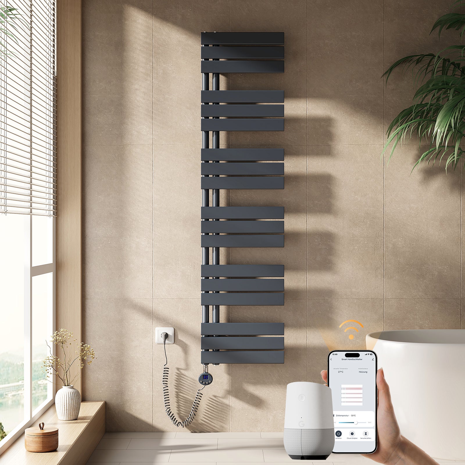 EMKE Grzejnik elektryczny łazienkowy 160x40cm - Inteligentne Sterowanie z Programatorem Tygodniowym w Aplikacji - 800W - Matowy Antracyt