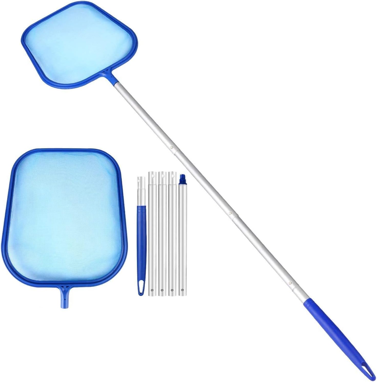 Skimmer basenowy 150 cm, siatka do liści o drobnych oczkach, solidne, głębokie grabie do liści z teleskopowym aluminiowym trzonkiem