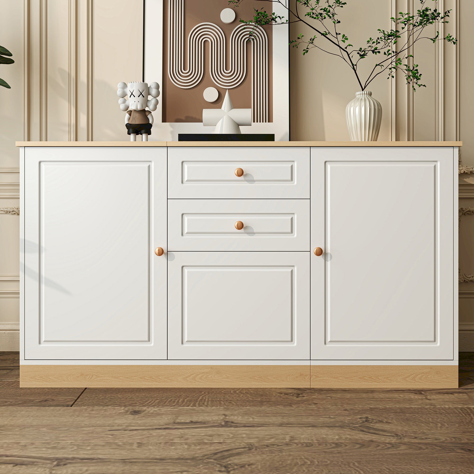 Komoda niska z 3 drzwiami i 2 szufladami - 135,5 x 39 x 76 cm - Płyta wiórowa - Biały + naturalny