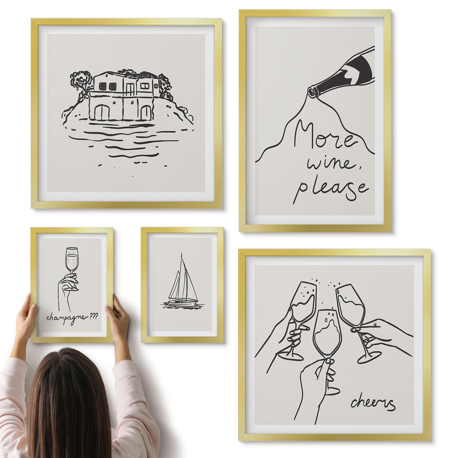 Galeria ścienna 5-częściowy komplet obrazów w złotych ramach - Stylowe ilustracje z winem i toastami na przyjęcia - ArtPrintCave