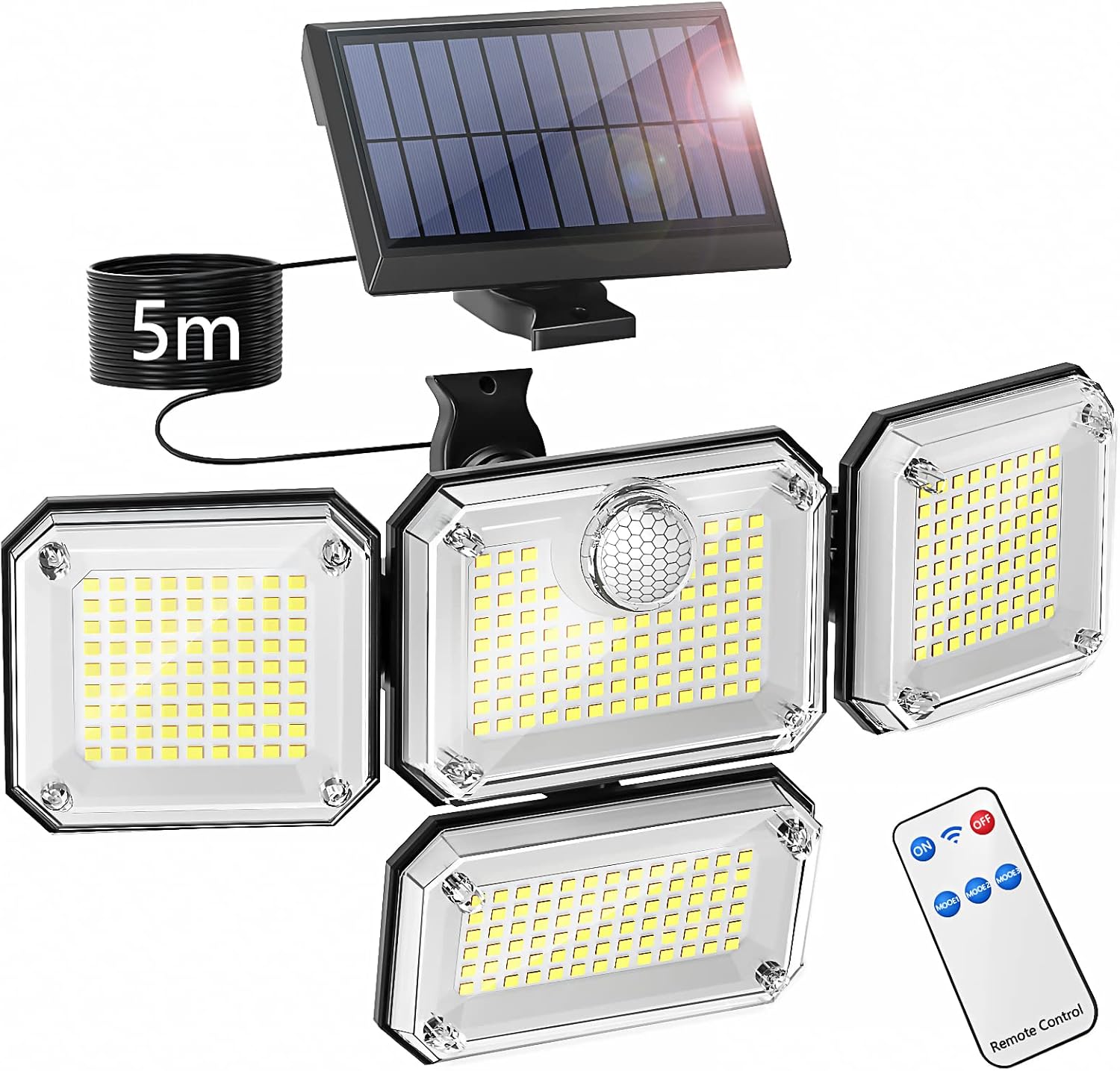 Zewnętrzna lampa solarna z czujnikiem ruchu, wodoodporny reflektor LED z zabezpieczeniem IP65, 3 tryby oświetlenia i 4 regulowane głowice świetlne