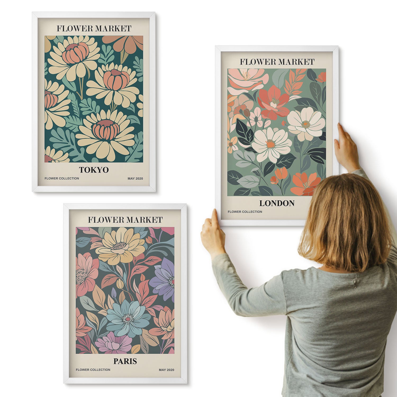 Galeria ścienna 3-częściowy komplet obrazów w białych ramach - Postery kwiatowe Tokio Paryż Londyn - ArtPrintCave