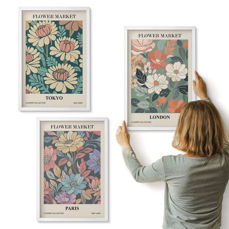 Galeria ścienna 3-częściowy komplet obrazów w białych ramach - Postery kwiatowe Tokio Paryż Londyn - ArtPrintCave