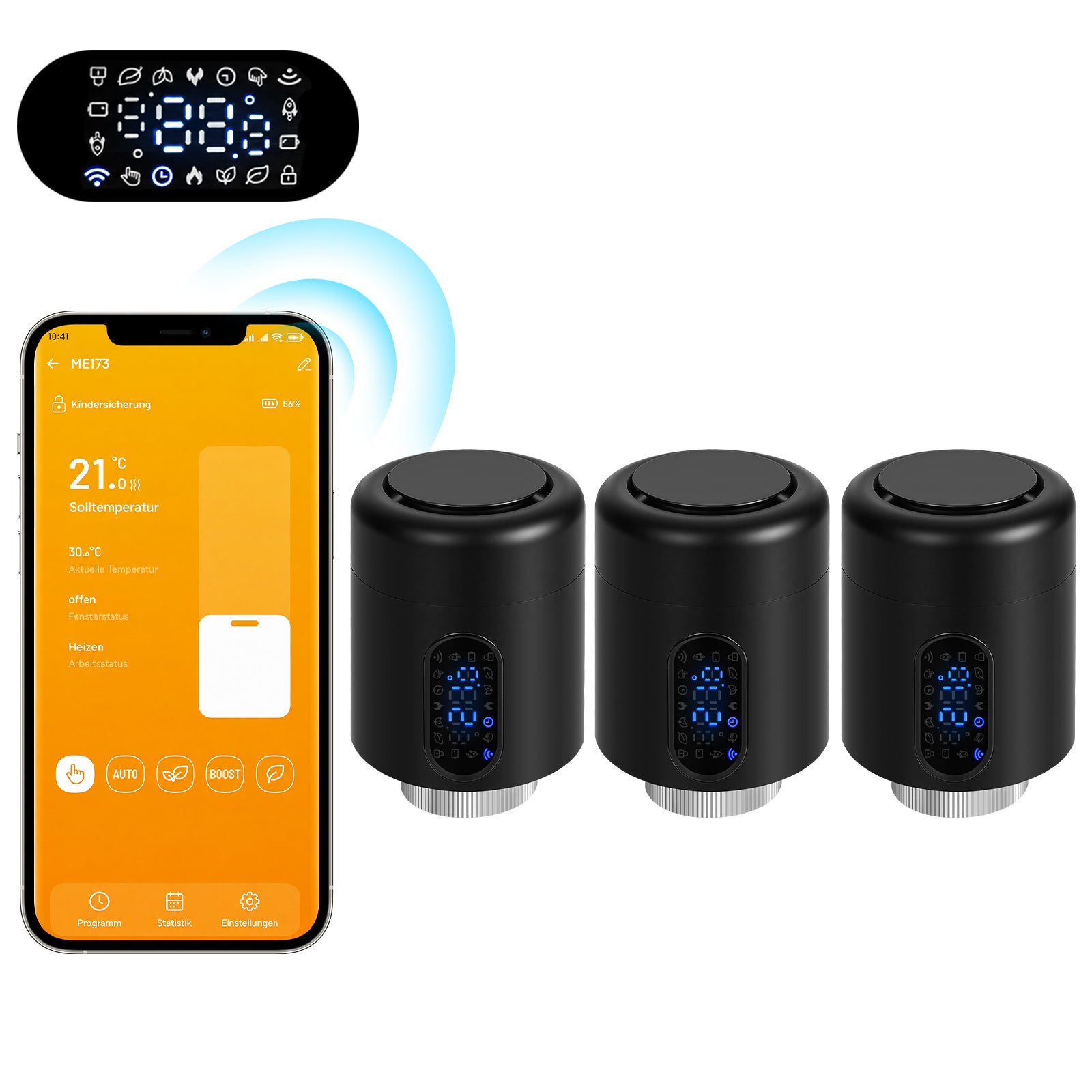 Inteligentny termostat grzejnikowy Wi-Fi ze sterowaniem przez aplikację, Smart Life/Tuya, Czarny, Zestaw 3 szt.