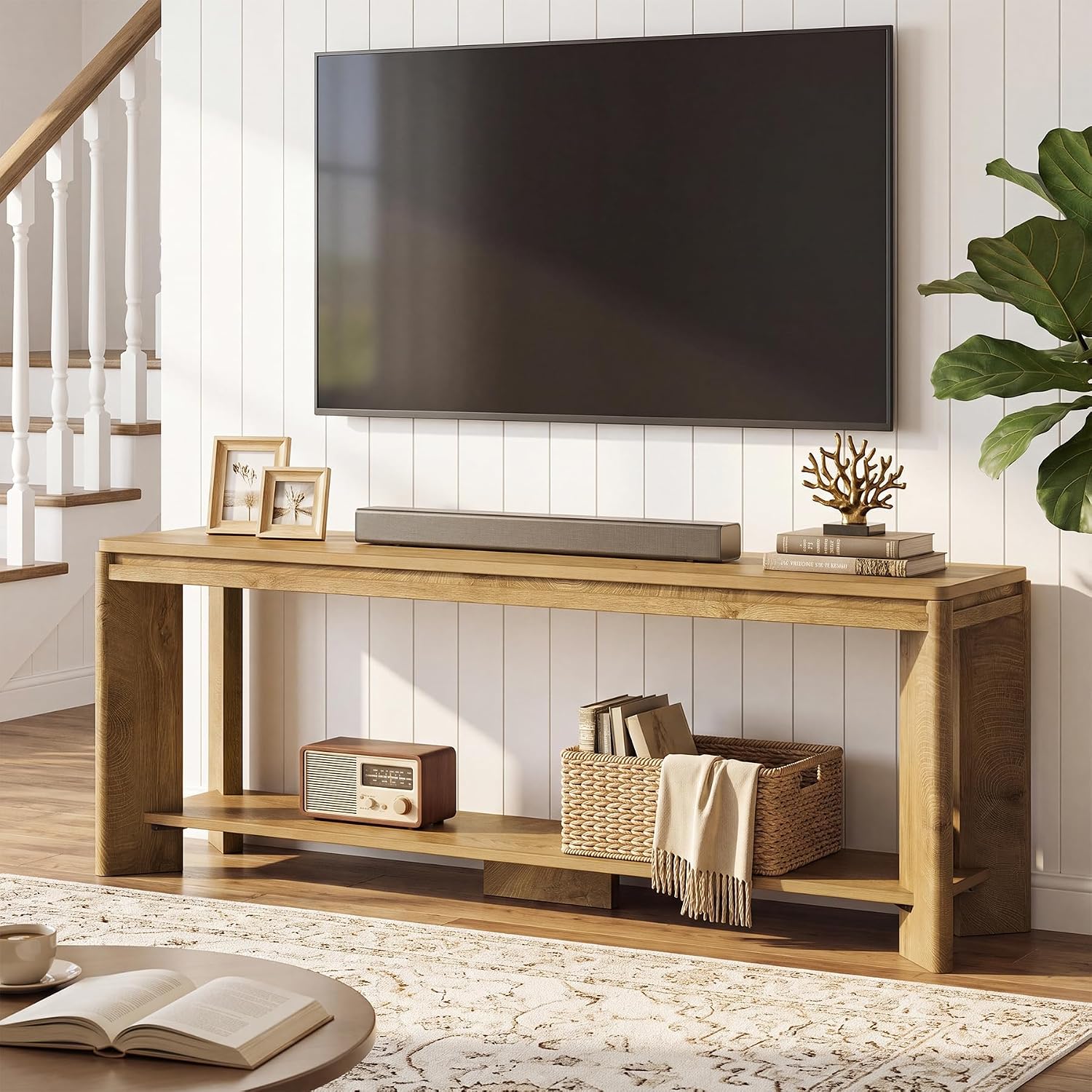 Tribesigns 160cm niska szafka TV pod TV do 70 cali, wiejska, 2 otwarte półki, do salonu/sypialni, brąz.