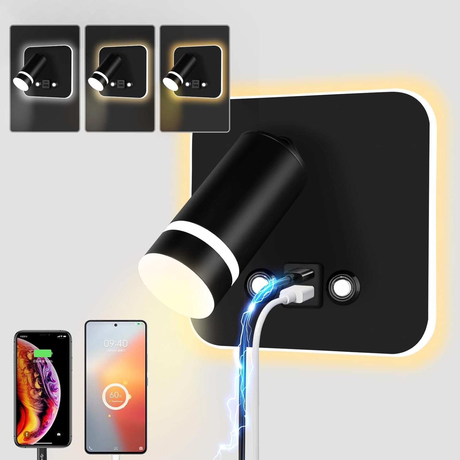 Lampka ścienna do czytania z dotykowym podświetleniem, trzema temperaturami barw, mocą 3W+6W, portem ładowania USB, idealna do sypialni.