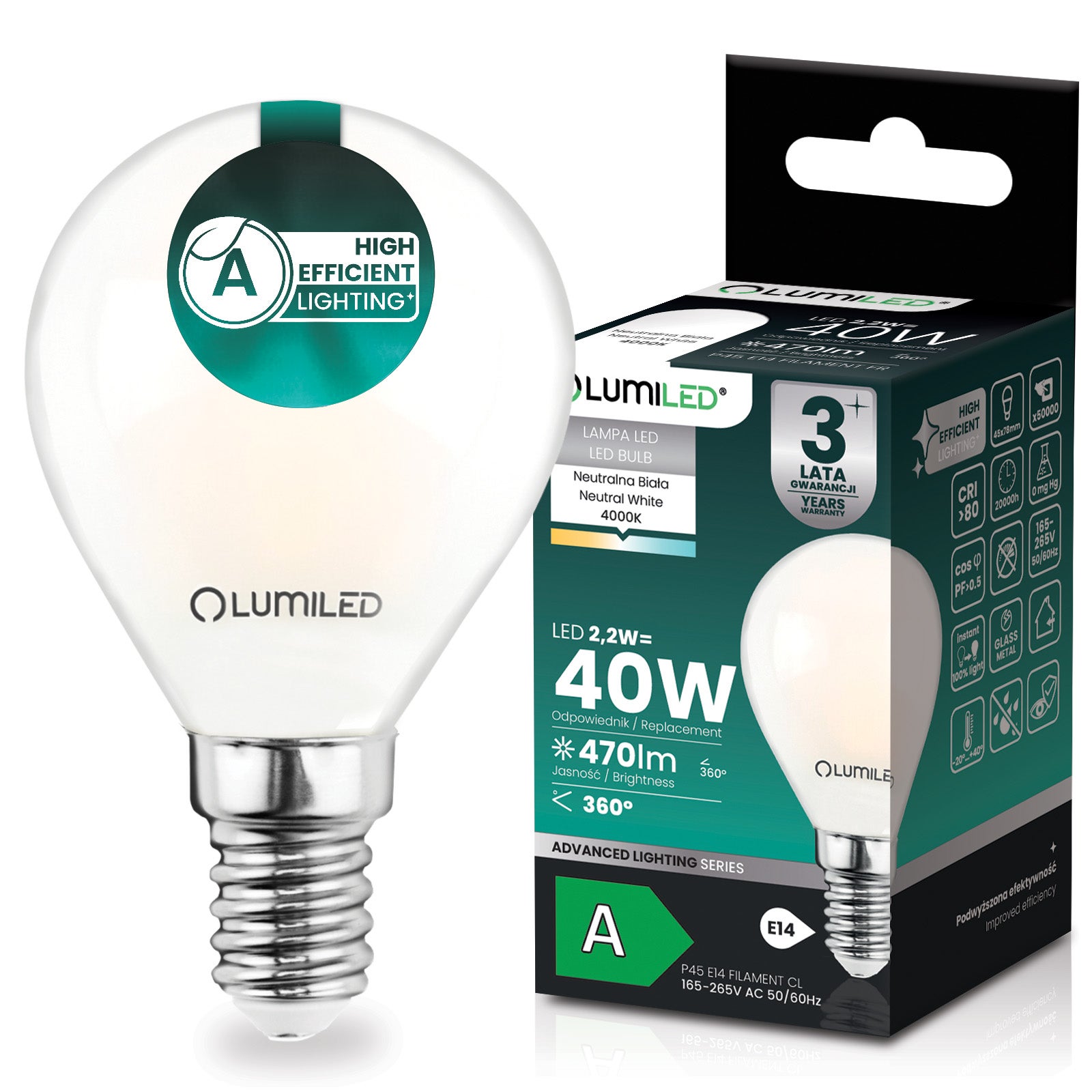 Żarówka LED Lumiled E14 Kulka P45 2.2 W 470 lm 4000K Neutralna biel 360st Filament KLASA A